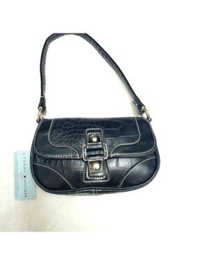 Tommy Hilfiger Vintage Black Croc Embossed Leather Baguette Shoulder Bag Y2K